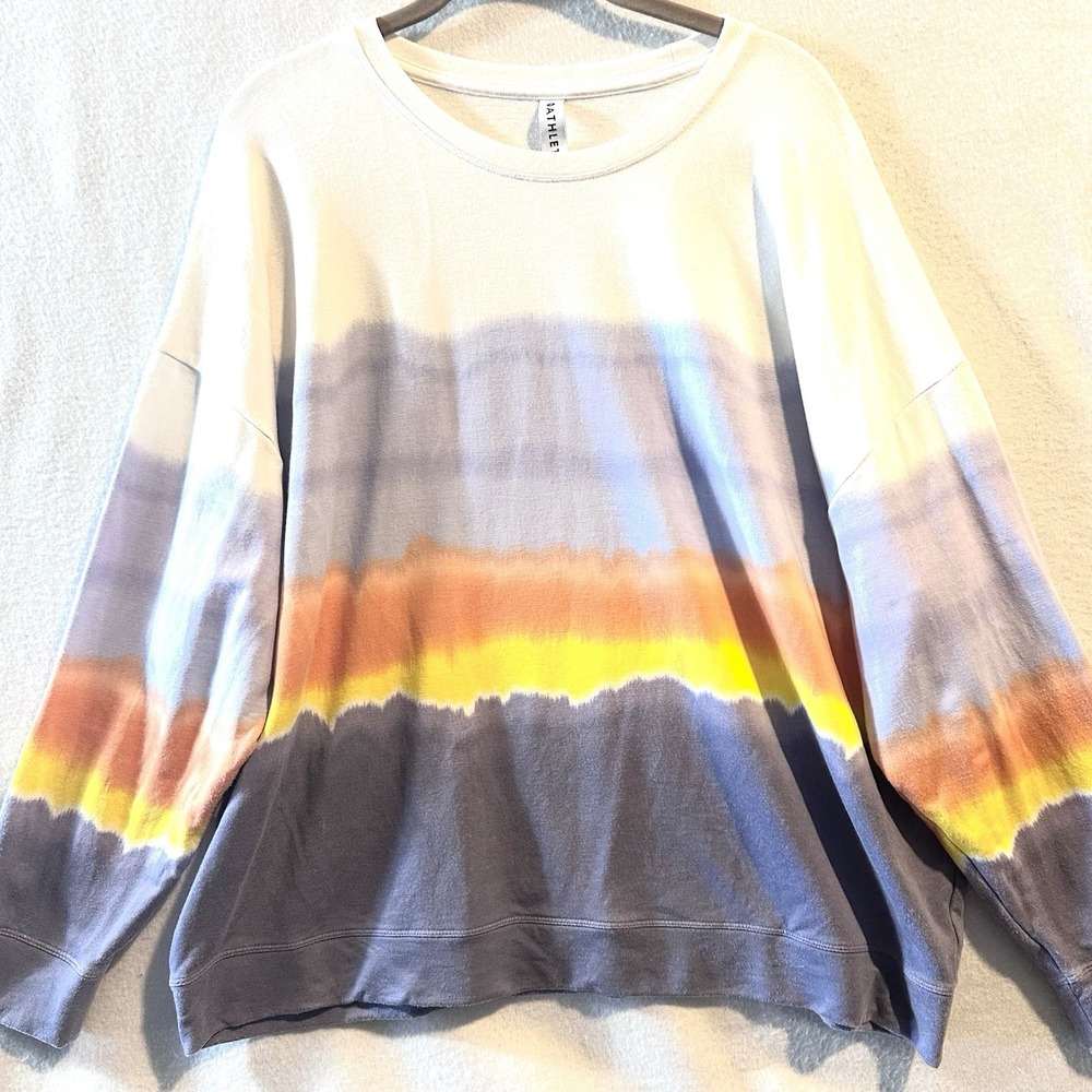 Athleta Tie-Dye Crewneck Sweatshirt in White, Blue, Yellow, Orange